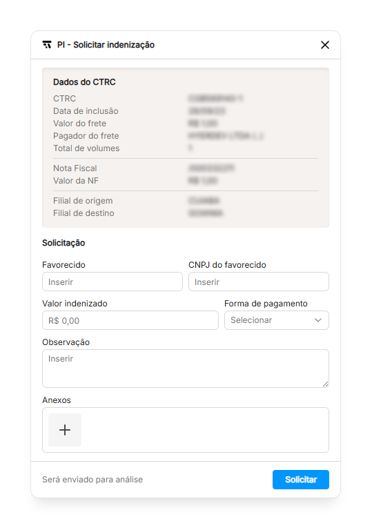 Painel de solicitação do processo indenizatório com dados do CTRC e formulário