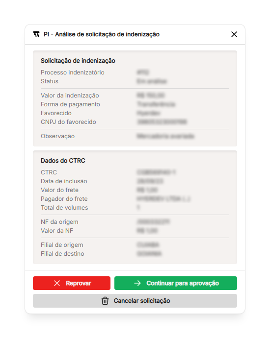 Tela de análise com ações Reprovar e Continuar para aprovação