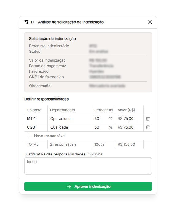 Painel com tabela para definir percentuais por filial e departamento