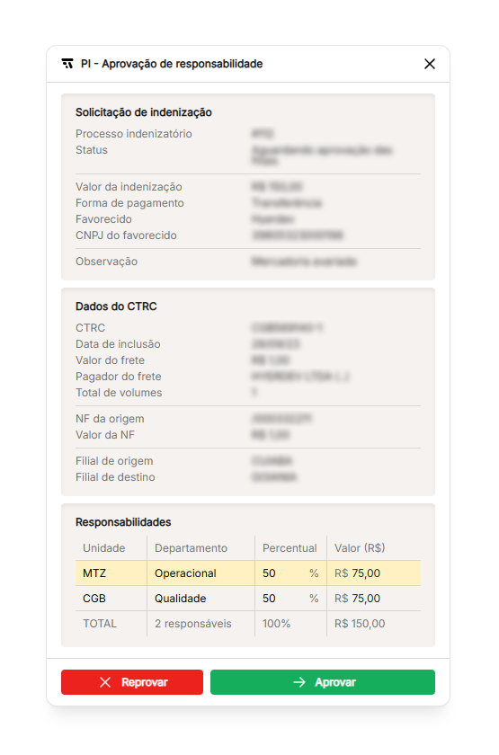 Janela de aprovação de responsabilidade pela filial atual