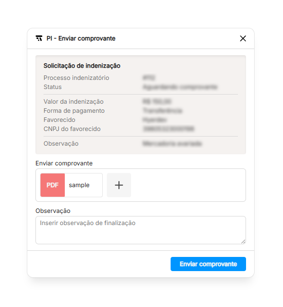 Opção 506 e formulário de envio de comprovante do processo indenizatório