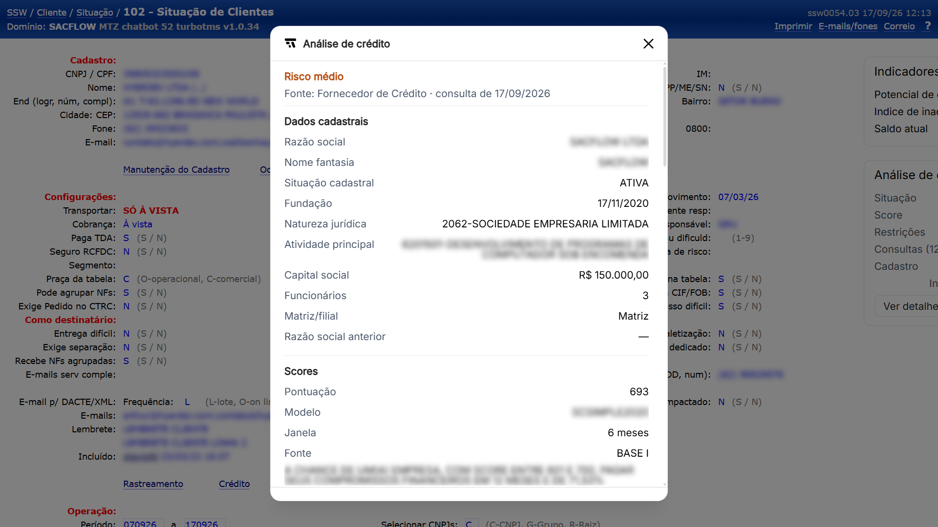 Modal de detalhes da análise de crédito no SSW com o relatório completo do cliente separado por seções: dados cadastrais, scores, restrições com cada ocorrência, quadro societário e demais informações entregues pelo fornecedor