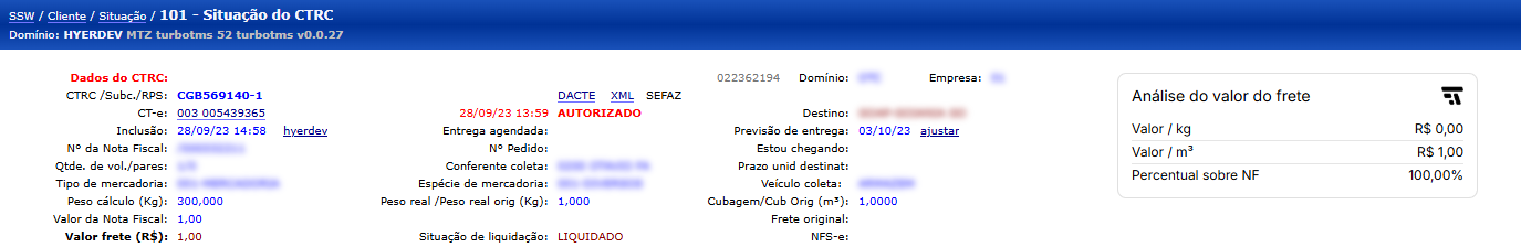 Exemplo de análise de frete