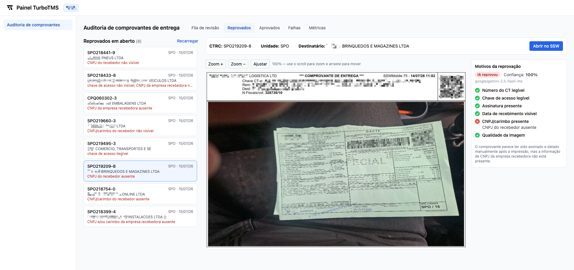 Dashboard TurboTMS com a aba Reprovados da auditoria de comprovantes: lista de comprovantes reprovados à esquerda, imagem do canhoto com zoom ao centro e os motivos da reprovação apontados pela IA à direita