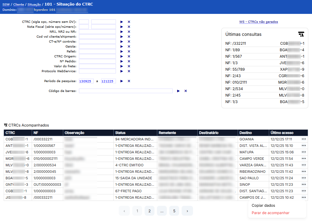 Tabela de CTRCs acompanhados na tela inicial da opção 101